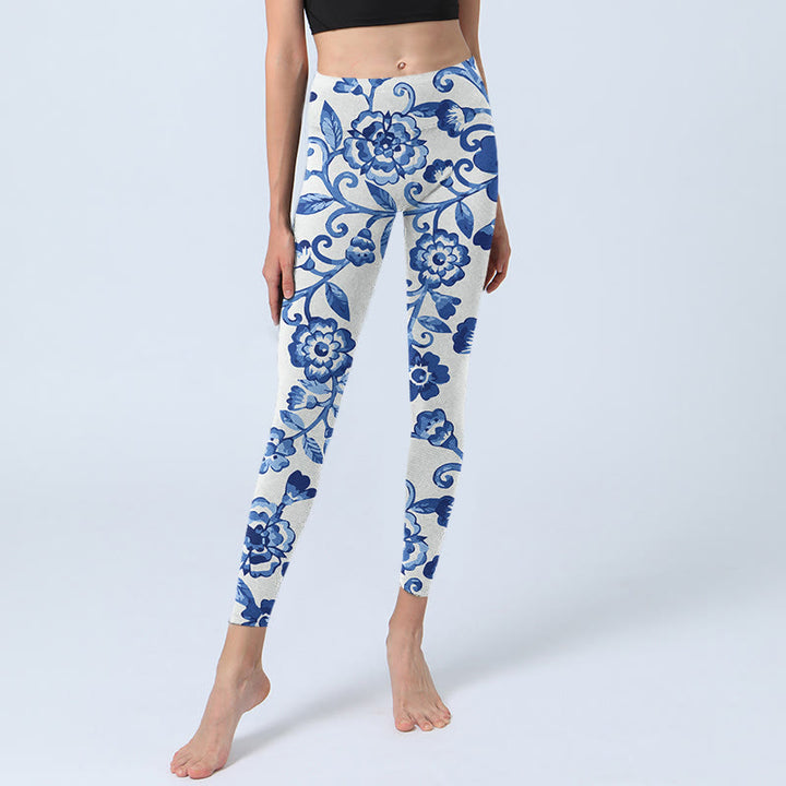 Buddha Stones Blue Flowers Leaves Branches Print Gym Leggings Women's Yoga Pants - image 5