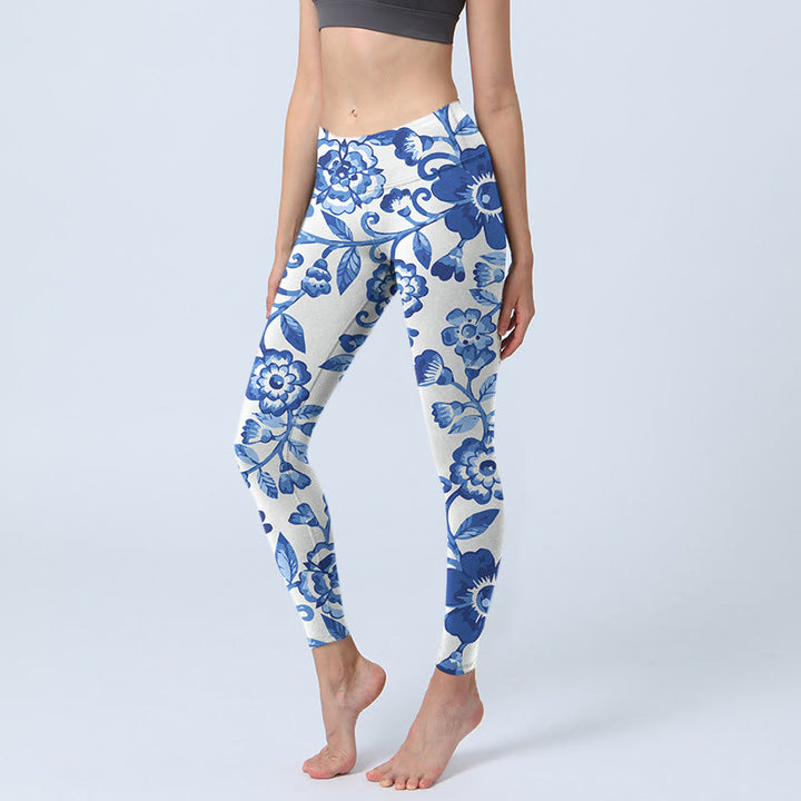 Buddha Stones Blue Flowers Leaves Branches Print Gym Leggings Women's Yoga Pants - White - US18，UK/AU22，EU50 (4XL) - image 0