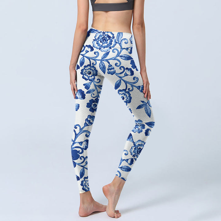 Buddha Stones Blue Flowers Leaves Branches Print Gym Leggings Women's Yoga Pants - image 4
