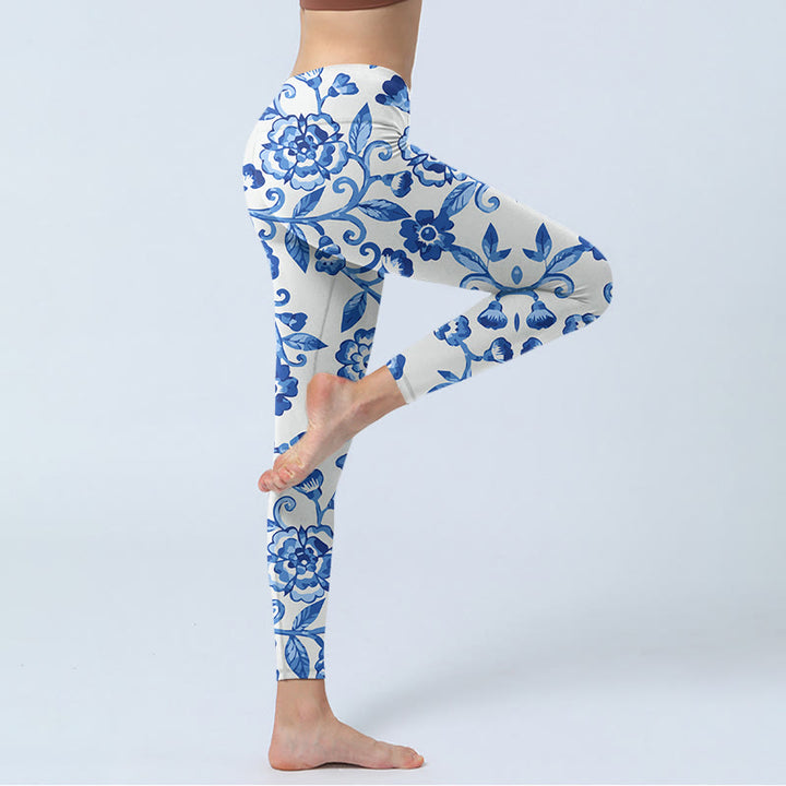 Buddha Stones Blue Flowers Leaves Branches Print Gym Leggings Women's Yoga Pants - image 3