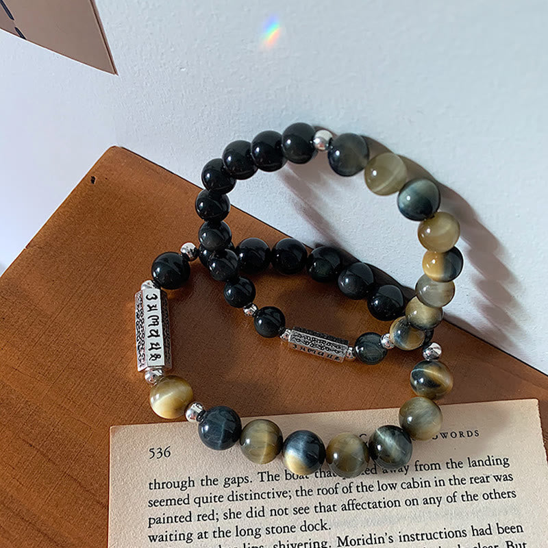 Buddha Stones Natural Black Obsidian Tiger's Eye Six True Words 'om Mani Padme Hum' Strength Love Bracelet - image 0