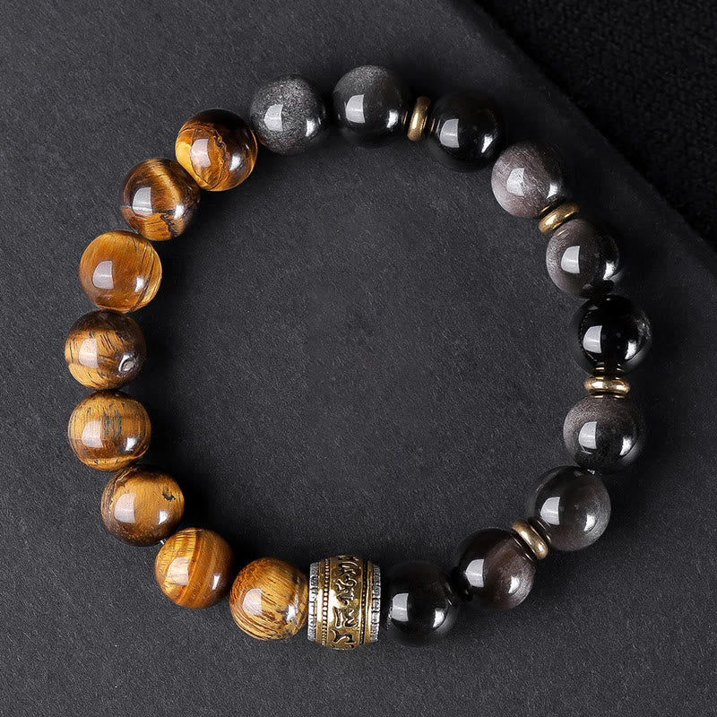 Buddha Stones Natural Silver Sheen Obsidian Tiger's Eye Six True Words 'Om Mani Padme Hum' Strength Bracelet - 10mm Silver Sheen Obsidian Tiger Eye Om Mani Padme Hum(Wrist Circumference: 16-17cm) - image 15