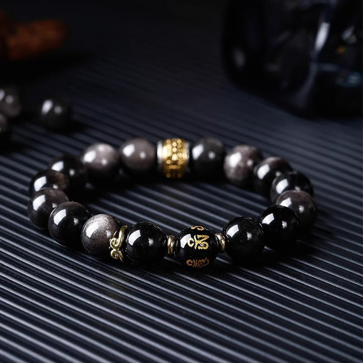 Buddha Stones Natural Silver Sheen Obsidian Tiger's Eye Six True Words 'Om Mani Padme Hum' Strength Bracelet - image 14