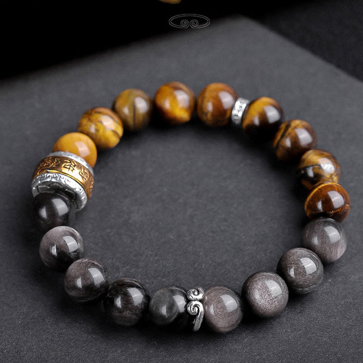 Buddha Stones Natural Silver Sheen Obsidian Tiger's Eye Six True Words 'Om Mani Padme Hum' Strength Bracelet - image 0