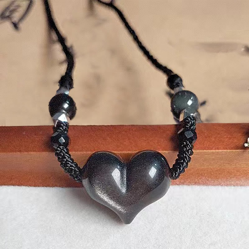 Buddha Stones Natural Silver Sheen Obsidian Heart Protection Necklace Pendant - image 7