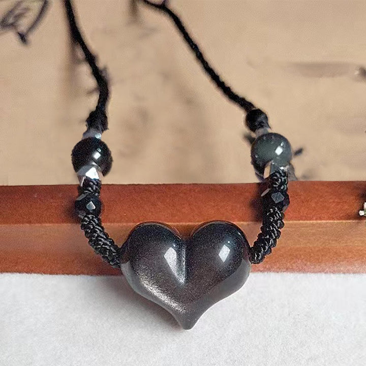 Buddha Stones Natural Silver Sheen Obsidian Heart Protection Necklace Pendant - image 7