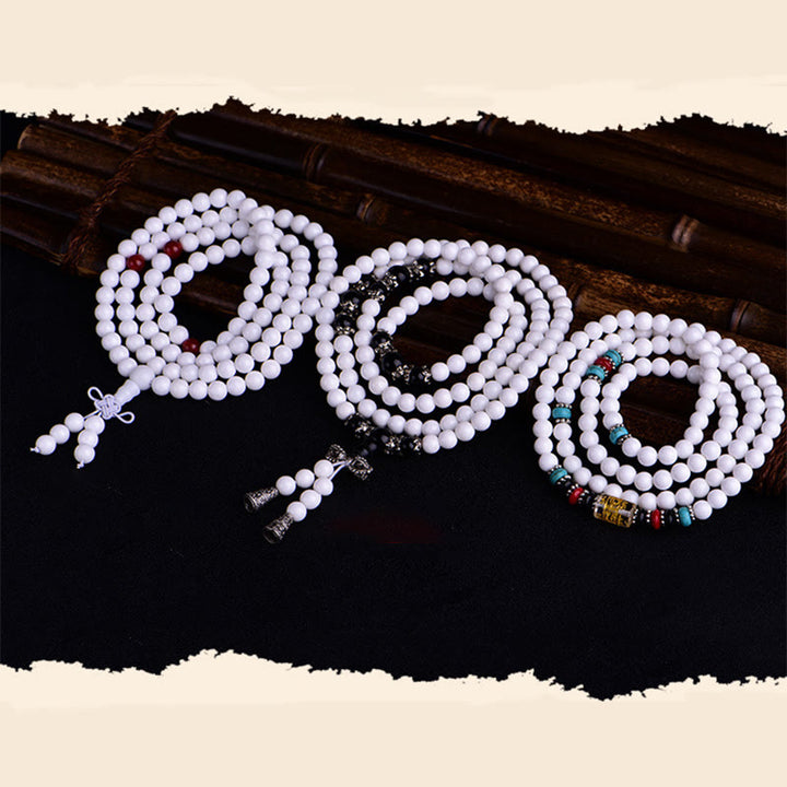 Buddha Stones 108 Mala Beads White Porcelain Six True Words 'Om Mani Padme Hum' Patience Bracelet - image 8