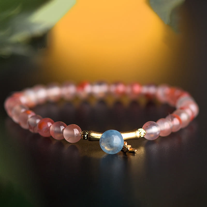 Buddha Stones South Red Agate Aquamarine Pearl Hetian Jade Bamboo Flower Fortune Bracelet - image 1