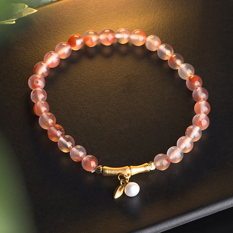 Buddha Stones South Red Agate Aquamarine Pearl Hetian Jade Bamboo Flower Fortune Bracelet - South Red Agate Pearl(Wrist Circumference: 16-18cm) - image 8