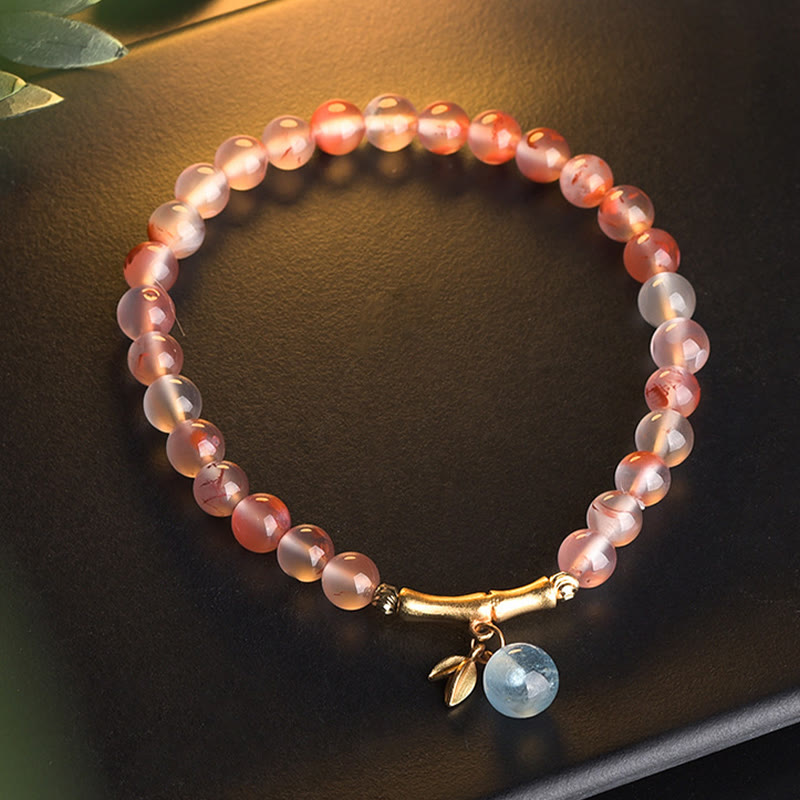 Buddha Stones South Red Agate Aquamarine Pearl Hetian Jade Bamboo Flower Fortune Bracelet - South Red Agate Aquamarine(Wrist Circumference: 16-18cm) - image 2
