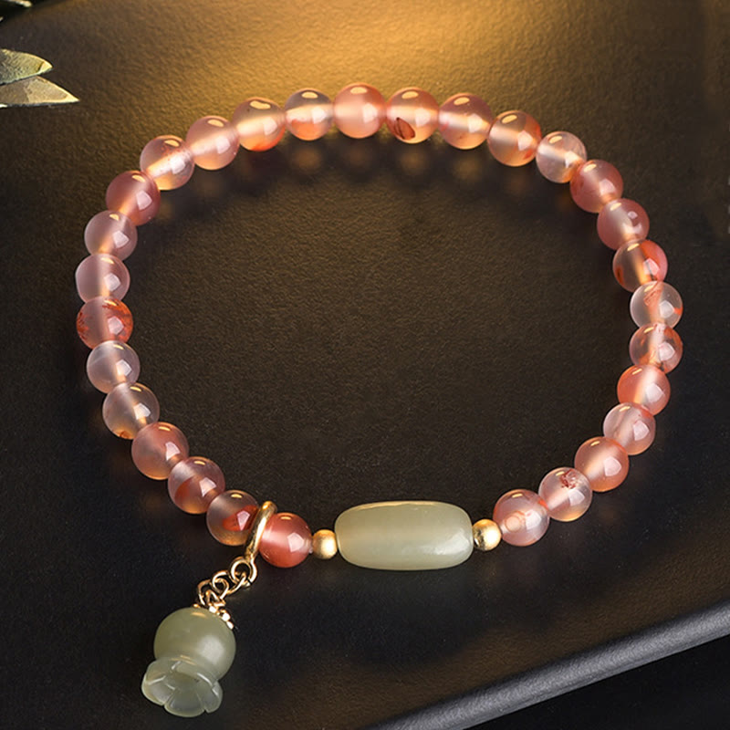 Buddha Stones South Red Agate Aquamarine Pearl Hetian Jade Bamboo Flower Fortune Bracelet - South Red Agate Hetian Jade(Wrist Circumference: 16-18cm) - image 6