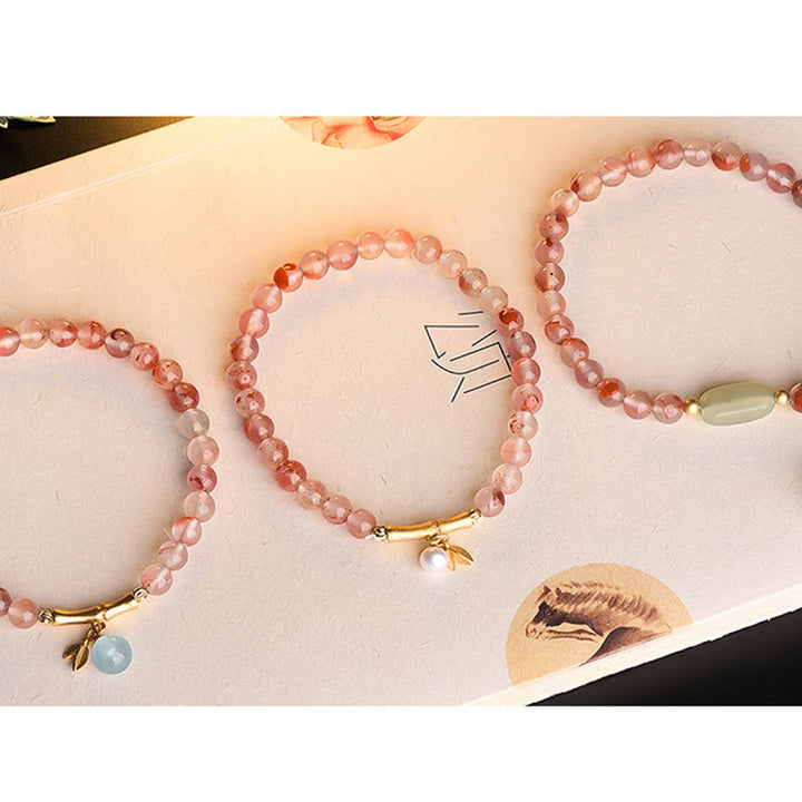 Buddha Stones South Red Agate Aquamarine Pearl Hetian Jade Bamboo Flower Fortune Bracelet - image 10