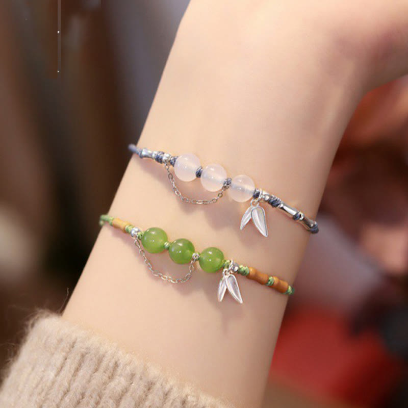 Buddha Stones 925 Sterling Silver Bamboo Leaves Hetian Jade Chalcedony Beads Blessing Braided Bracelet - image 2