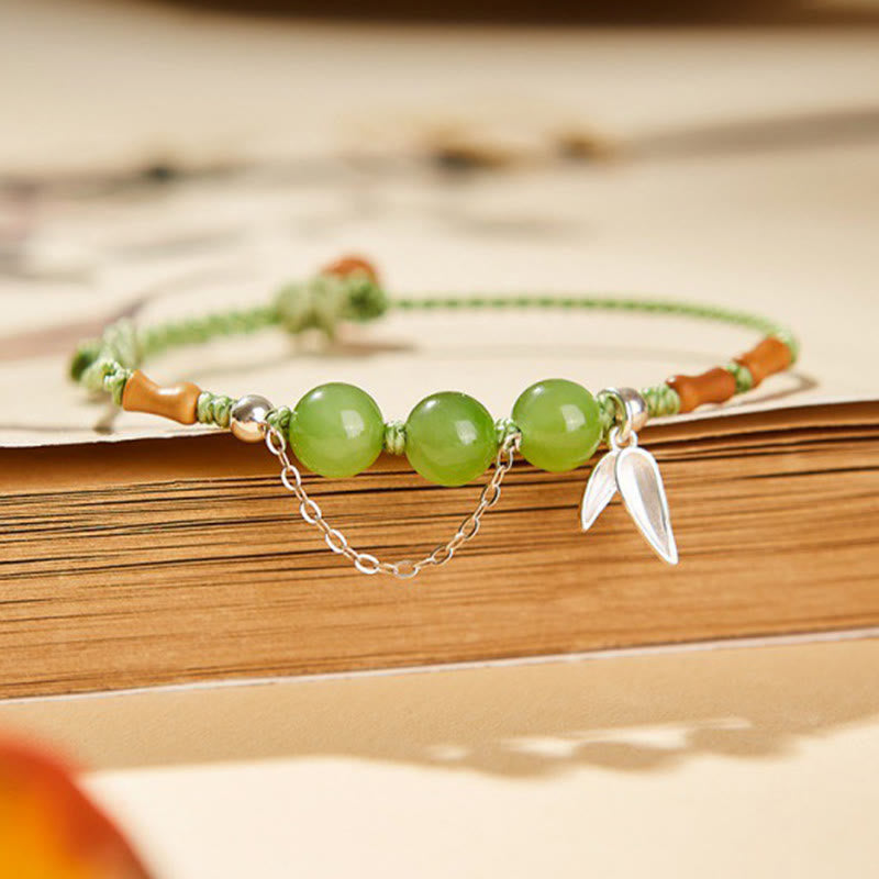 Buddha Stones 925 Sterling Silver Bamboo Leaves Hetian Jade Chalcedony Beads Blessing Braided Bracelet - image 0