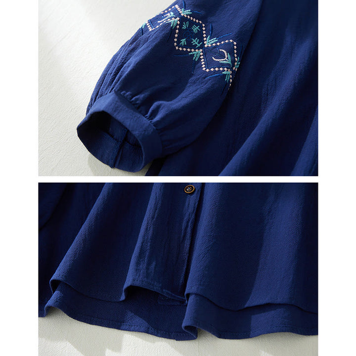 Buddha Stones Geometry Embroidery Long Sleeve Button Cotton Linen Women's Shirts - image 19