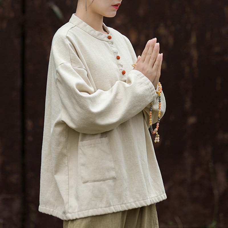 Buddha Stones Retro Solid Color Thermal Long Sleeve Ramie Linen Women's Shirt - image 6