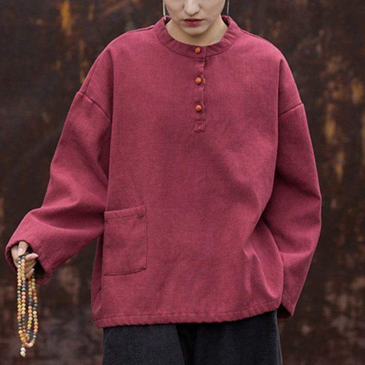 Buddha Stones Retro Solid Color Thermal Long Sleeve Ramie Linen Women's Shirt - Crimson - US4-8/10，UK/AU8-12/14，EU36-40/42 (F) - image 17