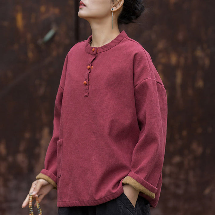 Buddha Stones Retro Solid Color Thermal Long Sleeve Ramie Linen Women's Shirt - image 20