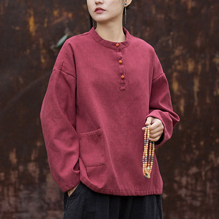 Buddha Stones Retro Solid Color Thermal Long Sleeve Ramie Linen Women's Shirt - image 18
