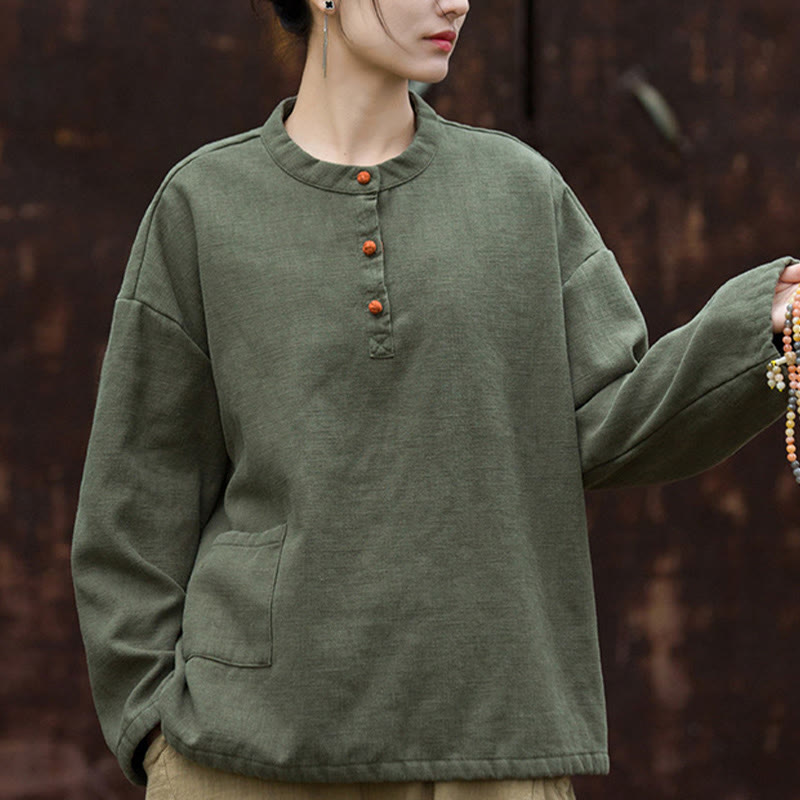 Buddha Stones Retro Solid Color Thermal Long Sleeve Ramie Linen Women's Shirt - image 14