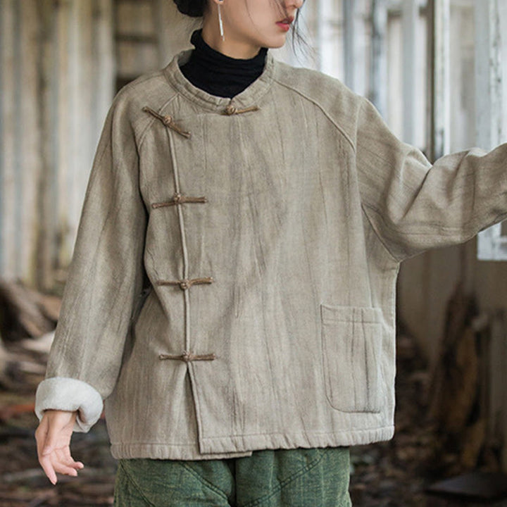 Buddha Stones Solid Color Frog-button Thermal Long Sleeve Ramie Linen Women's Shirt - image 2