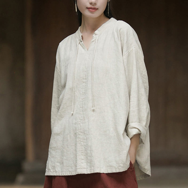 Buddha Stones Retro Solid Color Long Sleeve Ramie Linen Women's Shirt - image 3