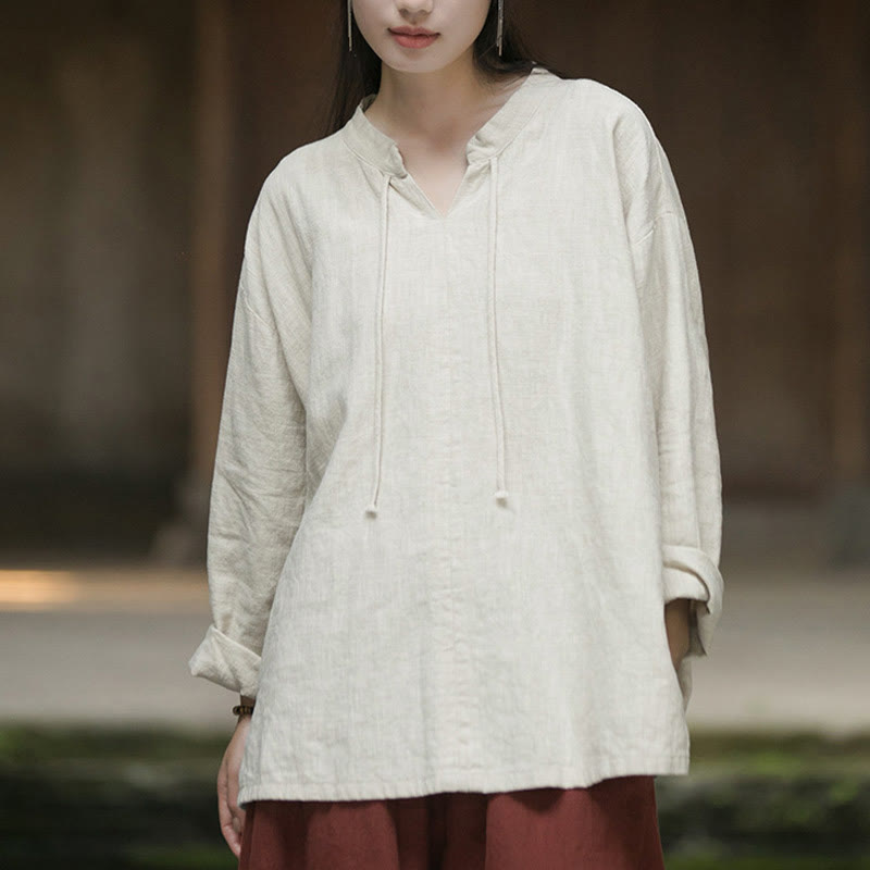 Buddha Stones Retro Solid Color Long Sleeve Ramie Linen Women's Shirt - image 1
