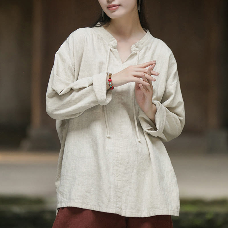 Buddha Stones Retro Solid Color Long Sleeve Ramie Linen Women's Shirt - image 9