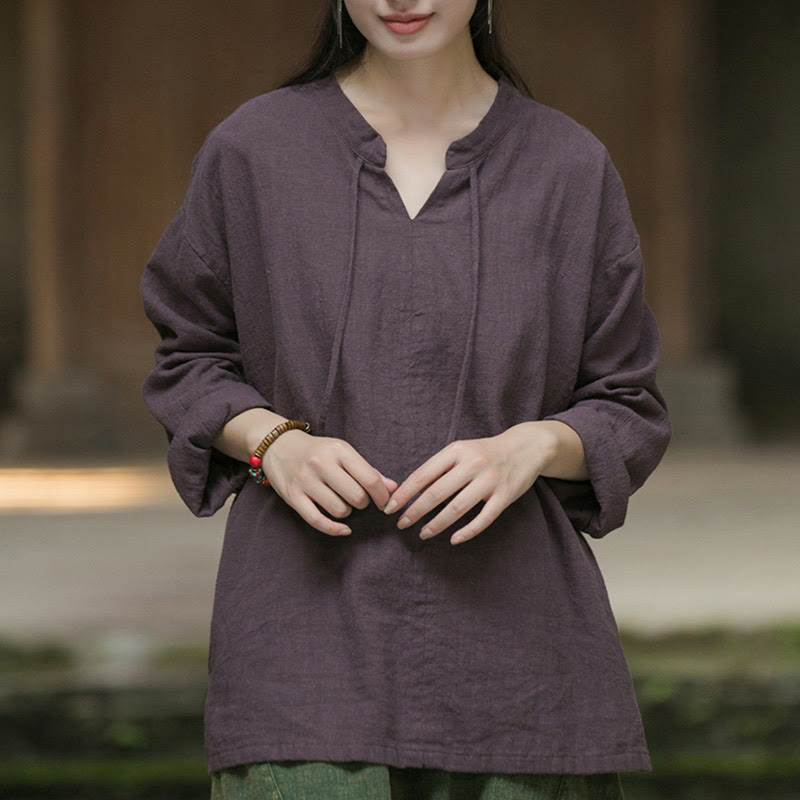 Buddha Stones Retro Solid Color Long Sleeve Ramie Linen Women's Shirt - image 20