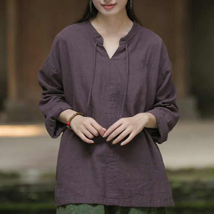 Buddha Stones Retro Solid Color Long Sleeve Ramie Linen Women's Shirt - image 20