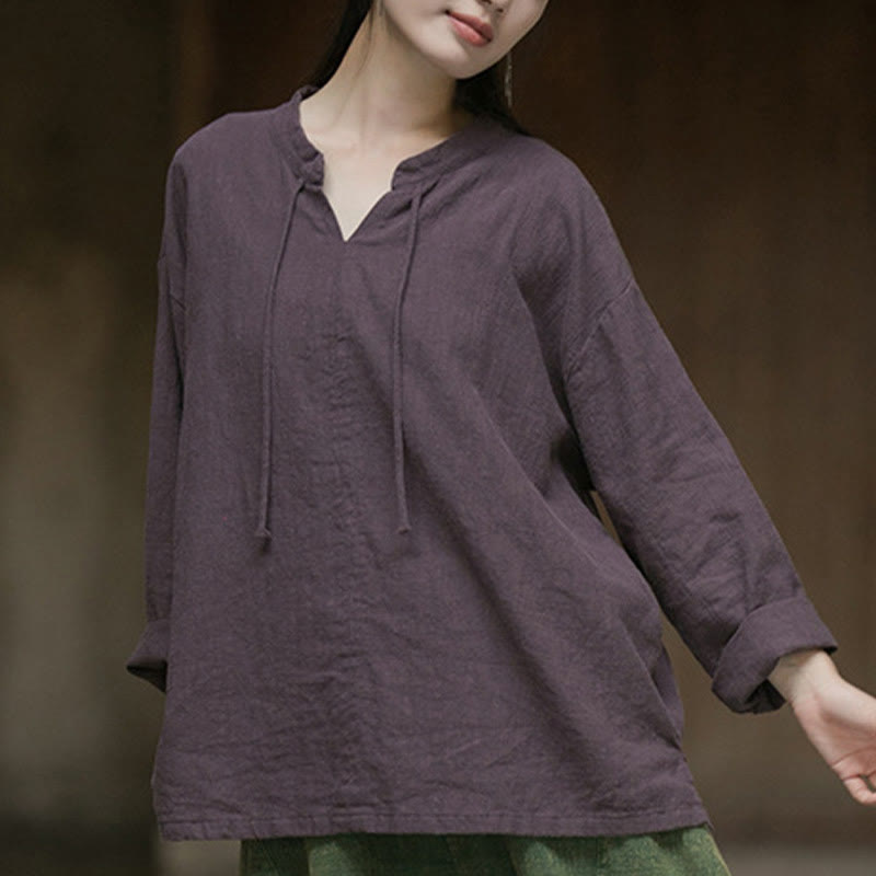 Buddha Stones Retro Solid Color Long Sleeve Ramie Linen Women's Shirt - image 16