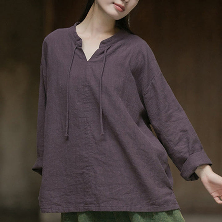 Buddha Stones Retro Solid Color Long Sleeve Ramie Linen Women's Shirt - image 16