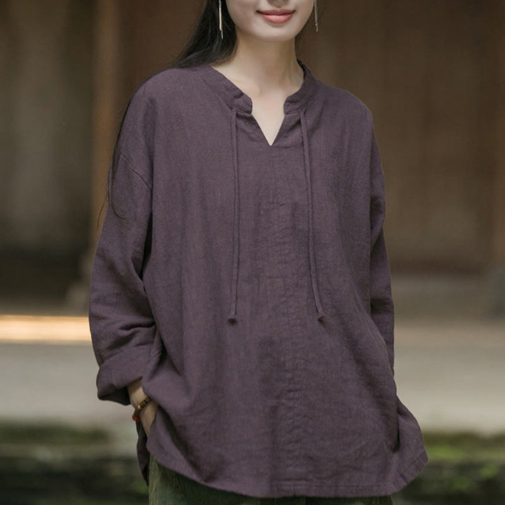 Buddha Stones Retro Solid Color Long Sleeve Ramie Linen Women's Shirt - image 15