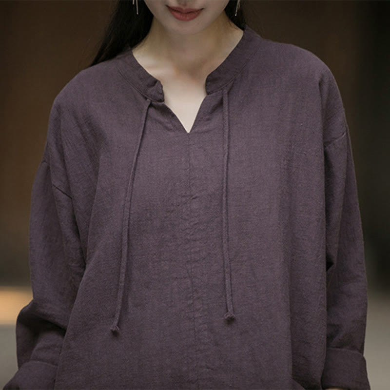 Buddha Stones Retro Solid Color Long Sleeve Ramie Linen Women's Shirt - image 24