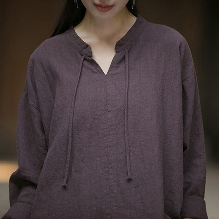 Buddha Stones Retro Solid Color Long Sleeve Ramie Linen Women's Shirt - image 24