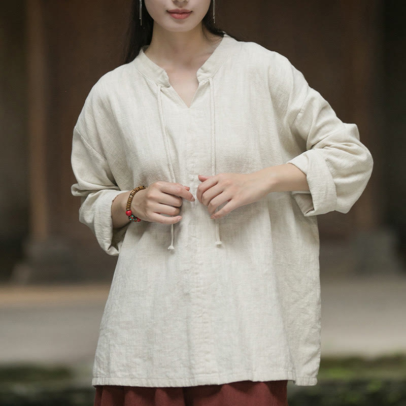 Buddha Stones Retro Solid Color Long Sleeve Ramie Linen Women's Shirt - image 11