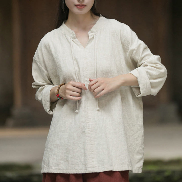 Buddha Stones Retro Solid Color Long Sleeve Ramie Linen Women's Shirt - image 11