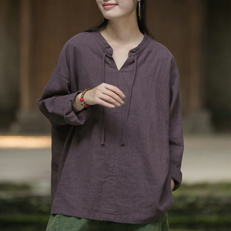 Buddha Stones Retro Solid Color Long Sleeve Ramie Linen Women's Shirt - image 23