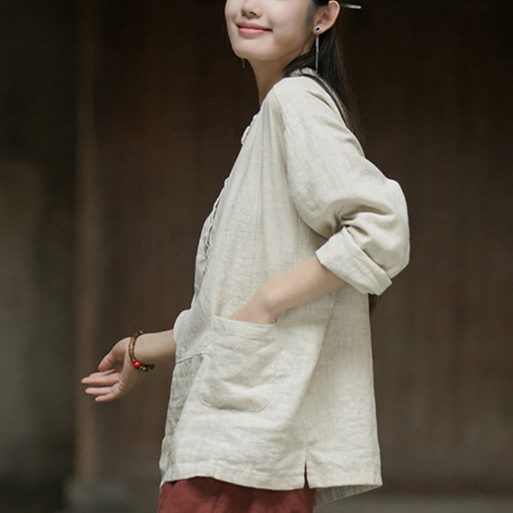 Buddha Stones Solid Color Long Sleeve Ramie Linen Half Button Women's Shirt - image 22