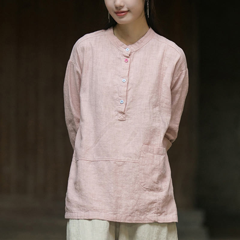 Buddha Stones Solid Color Long Sleeve Ramie Linen Half Button Women's Shirt - image 3