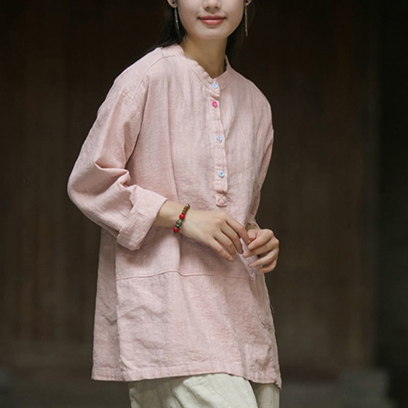 Buddha Stones Solid Color Long Sleeve Ramie Linen Half Button Women's Shirt - image 9