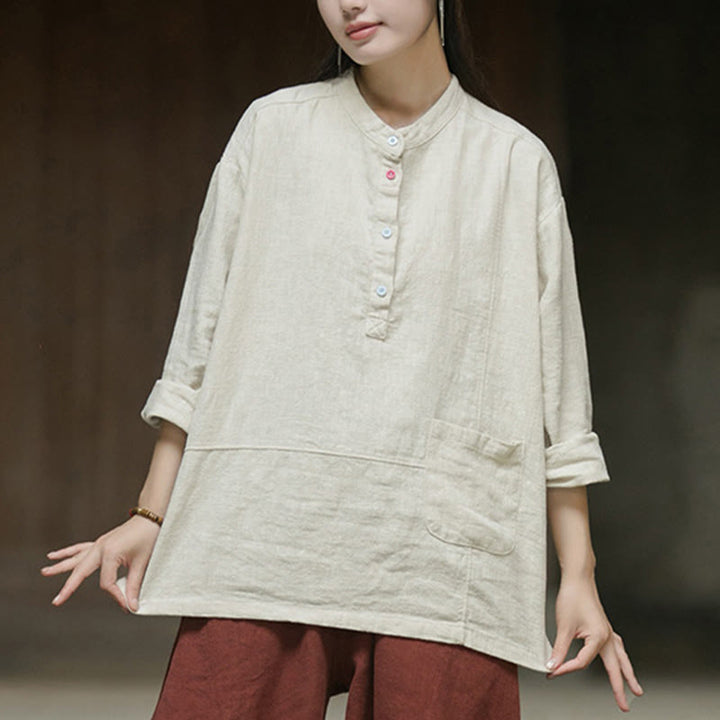 Buddha Stones Solid Color Long Sleeve Ramie Linen Half Button Women's Shirt - image 12