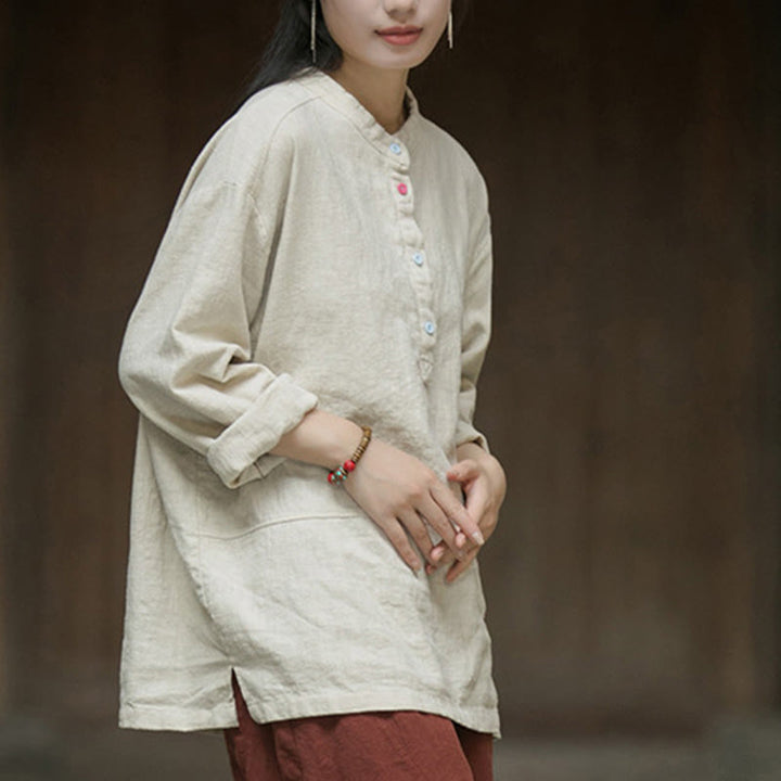 Buddha Stones Solid Color Long Sleeve Ramie Linen Half Button Women's Shirt - image 21