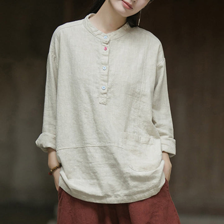 Buddha Stones Solid Color Long Sleeve Ramie Linen Half Button Women's Shirt - image 16