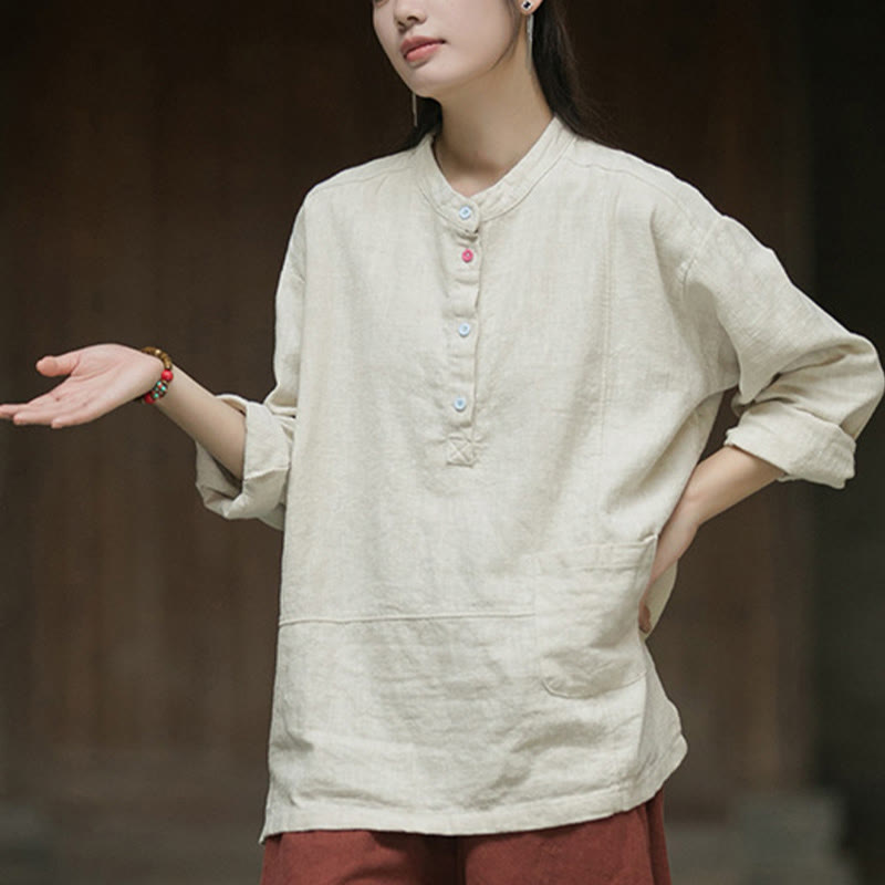 Buddha Stones Solid Color Long Sleeve Ramie Linen Half Button Women's Shirt - image 20