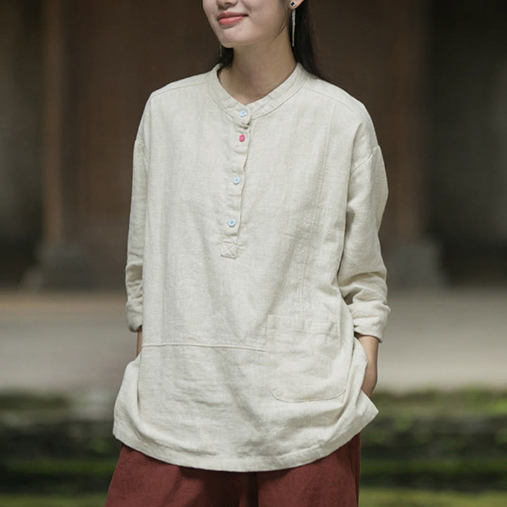 Buddha Stones Solid Color Long Sleeve Ramie Linen Half Button Women's Shirt - image 17