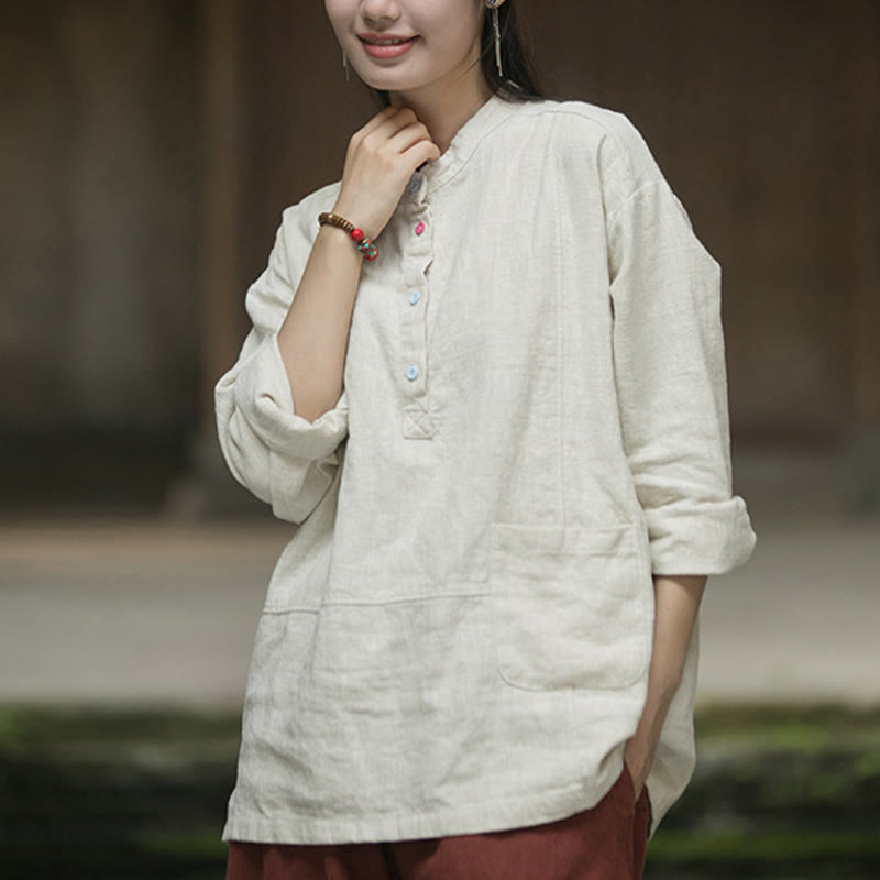Buddha Stones Solid Color Long Sleeve Ramie Linen Half Button Women's Shirt - image 14