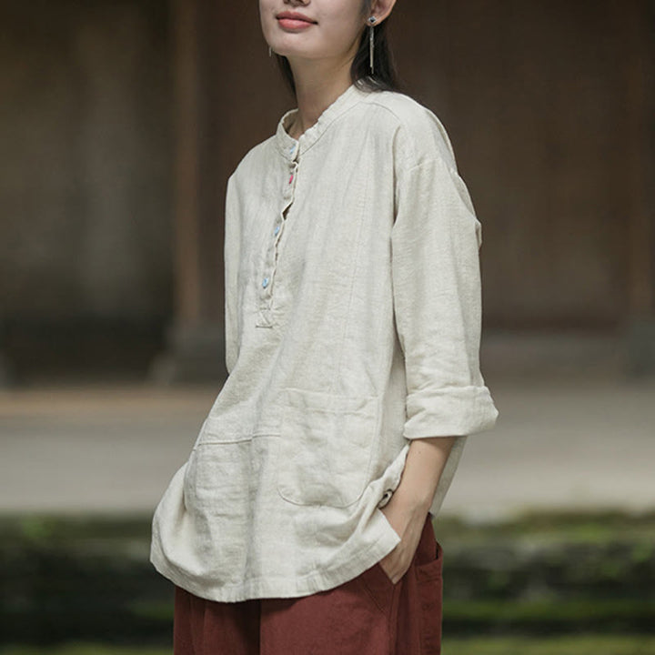 Buddha Stones Solid Color Long Sleeve Ramie Linen Half Button Women's Shirt - image 18