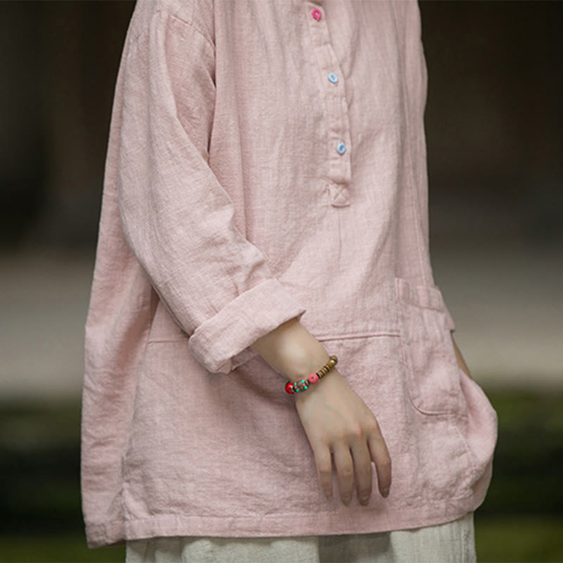 Buddha Stones Solid Color Long Sleeve Ramie Linen Half Button Women's Shirt - image 10