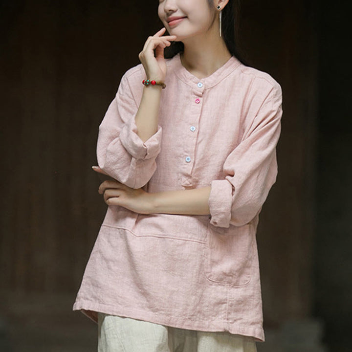 Buddha Stones Solid Color Long Sleeve Ramie Linen Half Button Women's Shirt - image 7